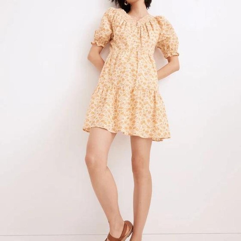 Madewell Yellow Floral Puff-Sleeve Mini Dress
